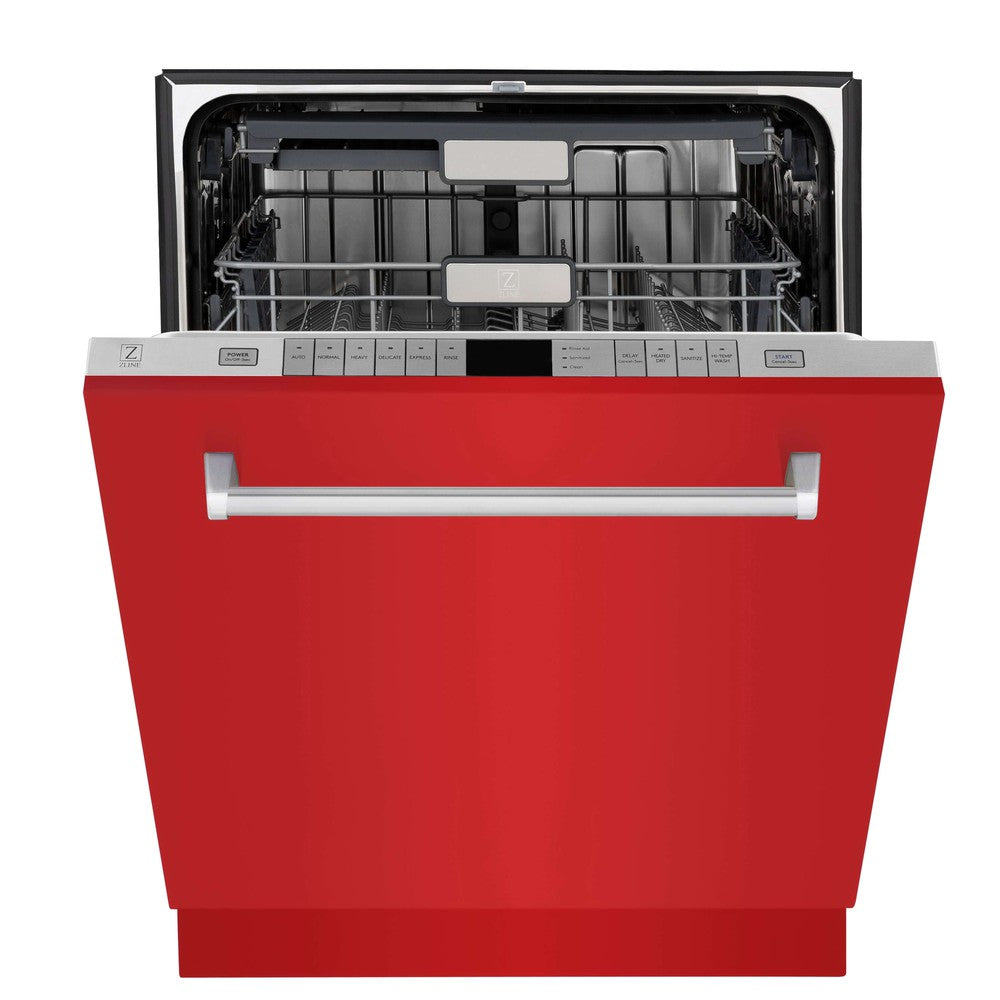 ZLINE 24 in. Monument Series 3rd Rack Top Touch Control Dishwasher in Red Matte with Stainless Steel Tub, 45dBa (DWMT-RM-24) front, half open.
