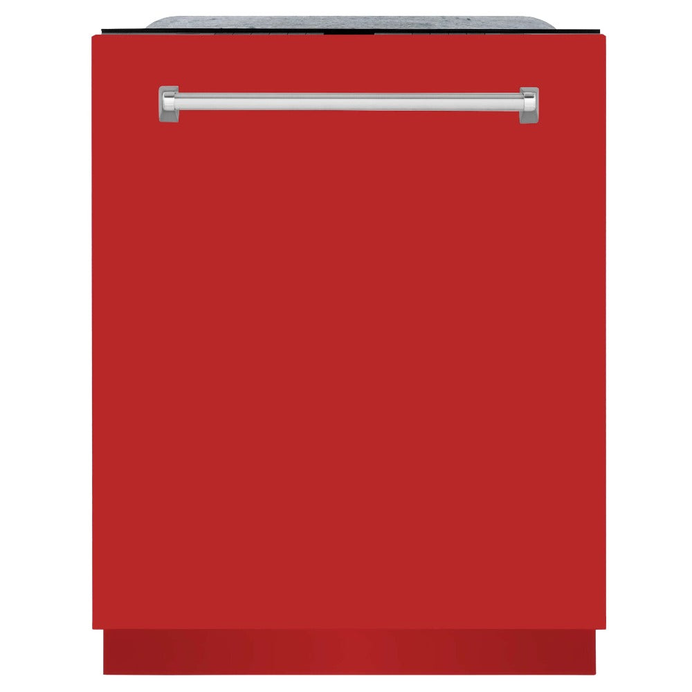 ZLINE 24 in. Monument Series 3rd Rack Top Touch Control Dishwasher in Red Matte with Stainless Steel Tub, 45dBa (DWMT-RM-24) front, closed.