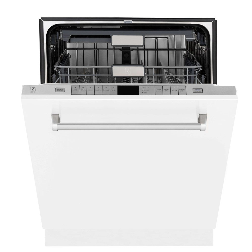 ZLINE 24 in. Monument Series 3rd Rack Top Touch Control Dishwasher in White Matte with Stainless Steel Tub, 45dBa (DWMT-WM-24) front, half open.