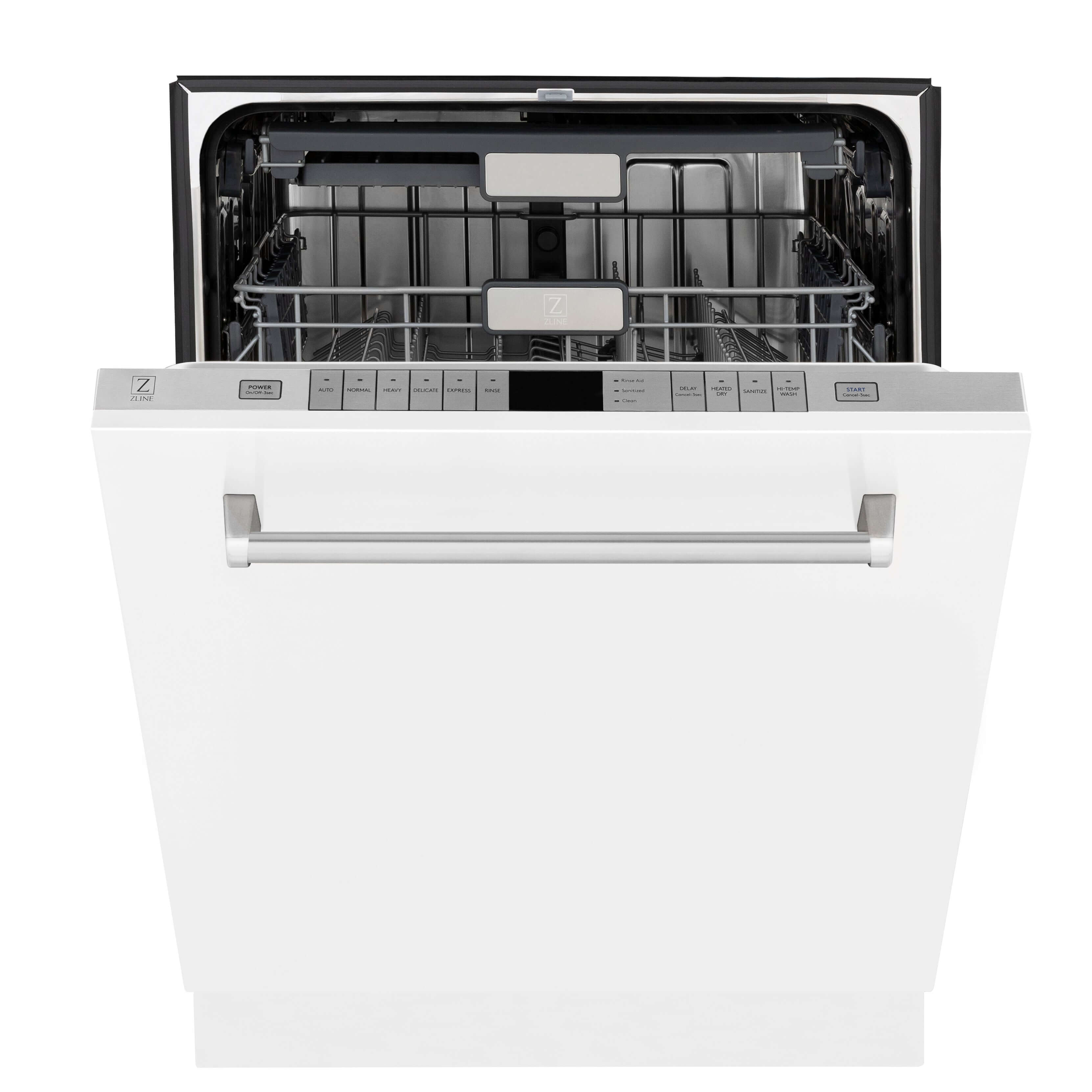 ZLINE 24 in. Monument Series Dishwasher with White Matte Panel (DWMT-WM-24) Side View Door Partially Open