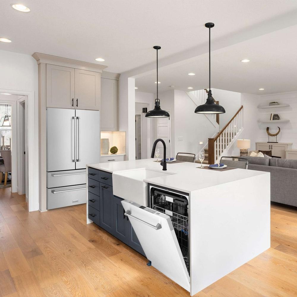 ZLINE 24 in. Monument Series 3rd Rack Top Touch Control Dishwasher in White Matte with Stainless Steel Tub, 45dBa (DWMT-WM-24) built-in to cabinets in a luxury kitchen.