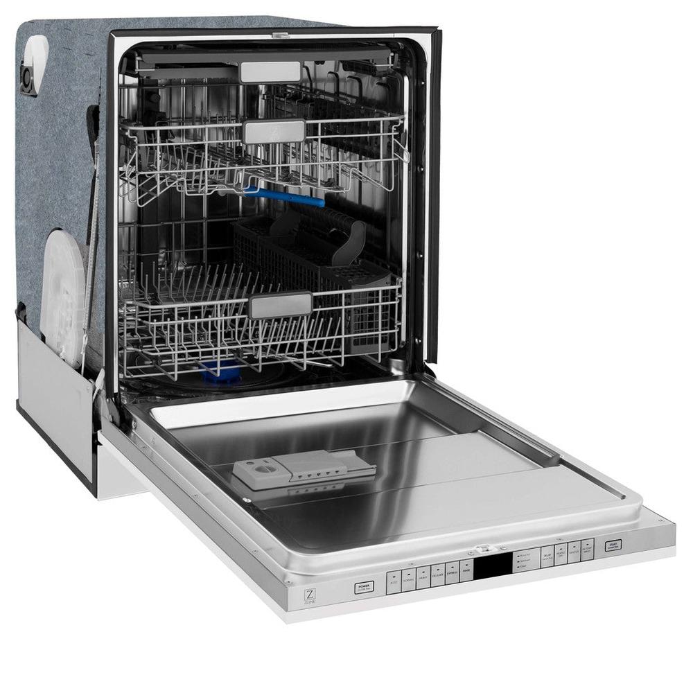 ZLINE 24 in. Monument Series 3rd Rack Top Touch Control Dishwasher in White Matte with Stainless Steel Tub, 45dBa (DWMT-WM-24) side, open.