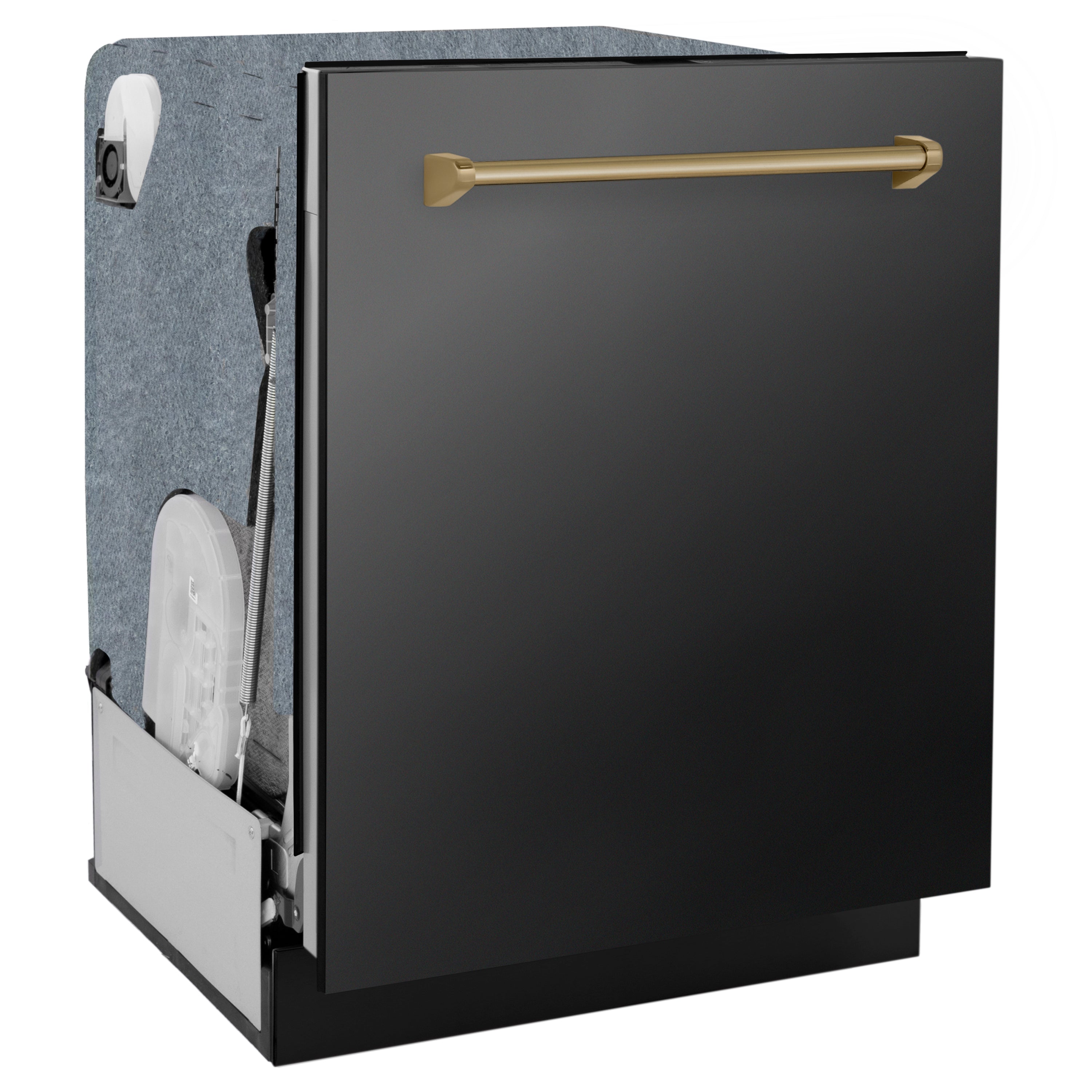 ZLINE Autograph Edition 24 in. Tall Tub Dishwasher with Black Stainless Steel Panel and Champagne Bronze Handle side.