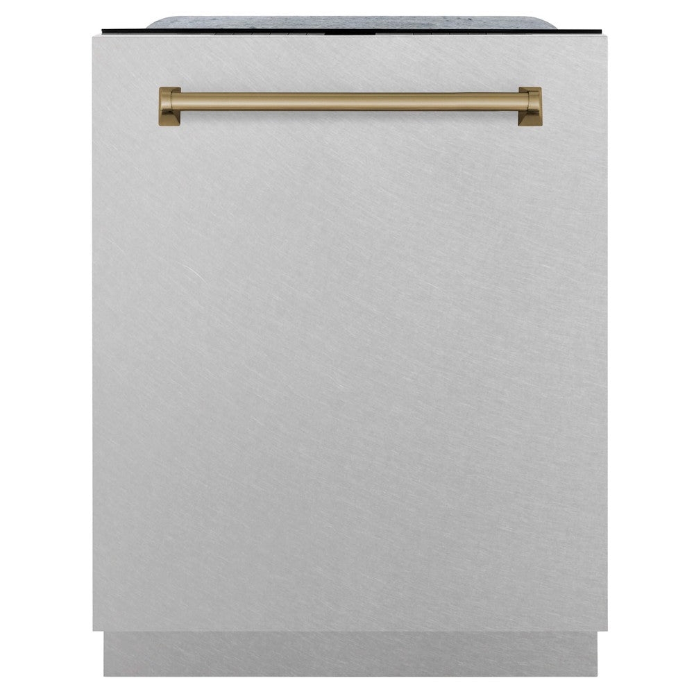 ZLINE Autograph Edition 24" 3rd Rack Top Control Tall Tub Dishwasher in Fingerprint Resistant Stainless Steel with Champagne Bronze Accents, 45dBa (DWMTZ-SN-24-CB)
