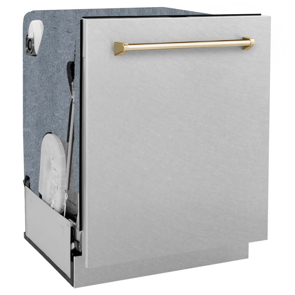 ZLINE Autograph Edition 24 in. Monument Dishwasher in DuraSnow Stainless Steel with Gold Handle (DWMTZ-SN-24-G) Side View