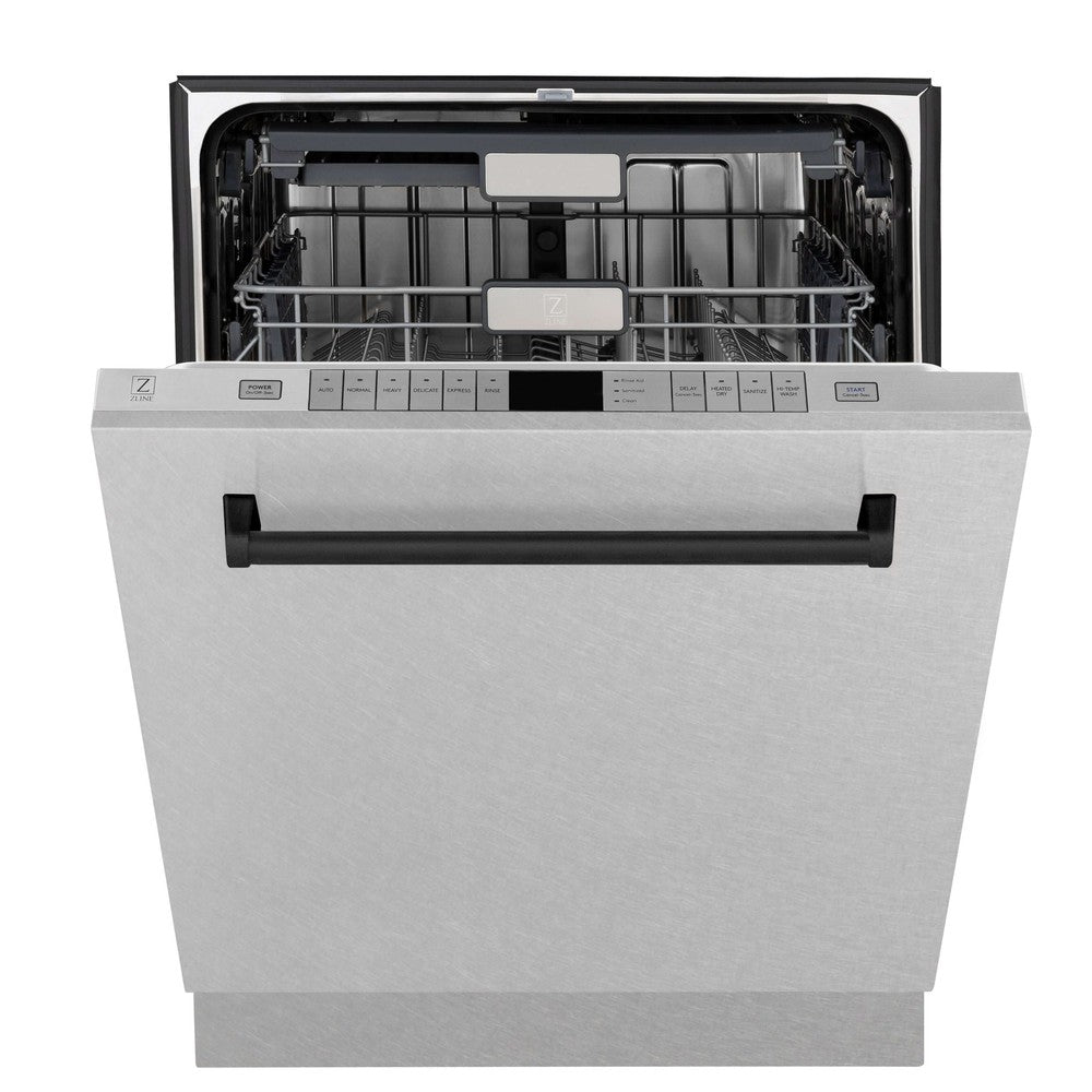 ZLINE Autograph Edition 24 in. Monument Series 3rd Rack Top Control Built-In Tall Tub Dishwasher in Fingerprint Resistant Stainless Steel with Matte Black Handle, 45dBa (DWMTZ-SN-24-MB) front, half open.