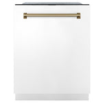 ZLINE Autograph Edition 24 in. Monument Series 3rd Rack Top Touch Control Tall Tub Dishwasher in White Matte with Champagne Bronze Handle, 45dBa (DWMTZ-WM-24-CB) front, closed.