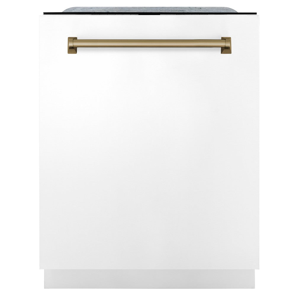 ZLINE Autograph Edition 24 in. Monument Series 3rd Rack Top Touch Control Tall Tub Dishwasher in White Matte with Champagne Bronze Handle, 45dBa (DWMTZ-WM-24-CB) front, closed.