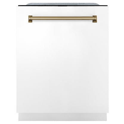 ZLINE Autograph Edition 24 in. Monument Series 3rd Rack Top Touch Control Tall Tub Dishwasher in White Matte with Champagne Bronze Handle, 45dBa (DWMTZ-WM-24-CB) front, closed.