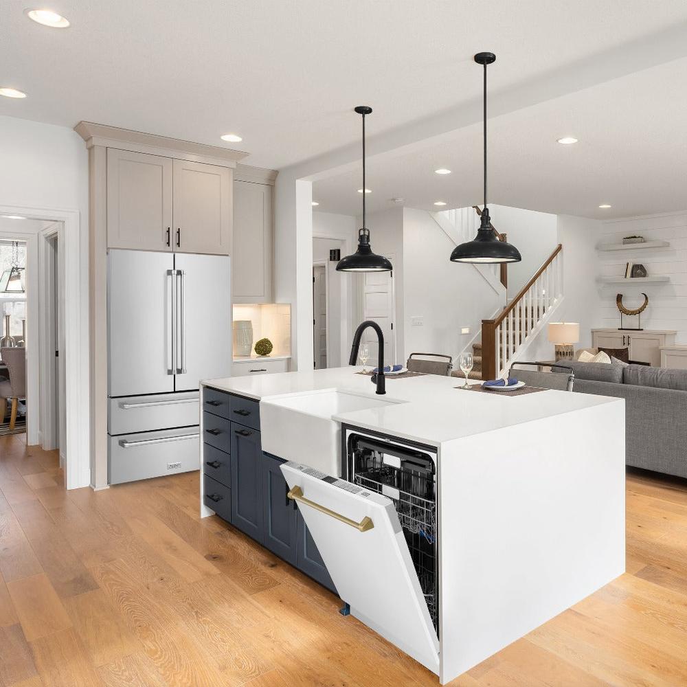 ZLINE Autograph Edition 24 in. Monument Series 3rd Rack Top Touch Control Tall Tub Dishwasher in White Matte with Champagne Bronze Handle, 45dBa (DWMTZ-WM-24-CB) built-in to cabinets in a luxury kitchen.
