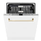 ZLINE Autograph Edition 24 in. Monument Series 3rd Rack Top Touch Control Tall Tub Dishwasher in White Matte with Polished Gold Handle, 45dBa (DWMTZ-WM-24-G) front, half open.