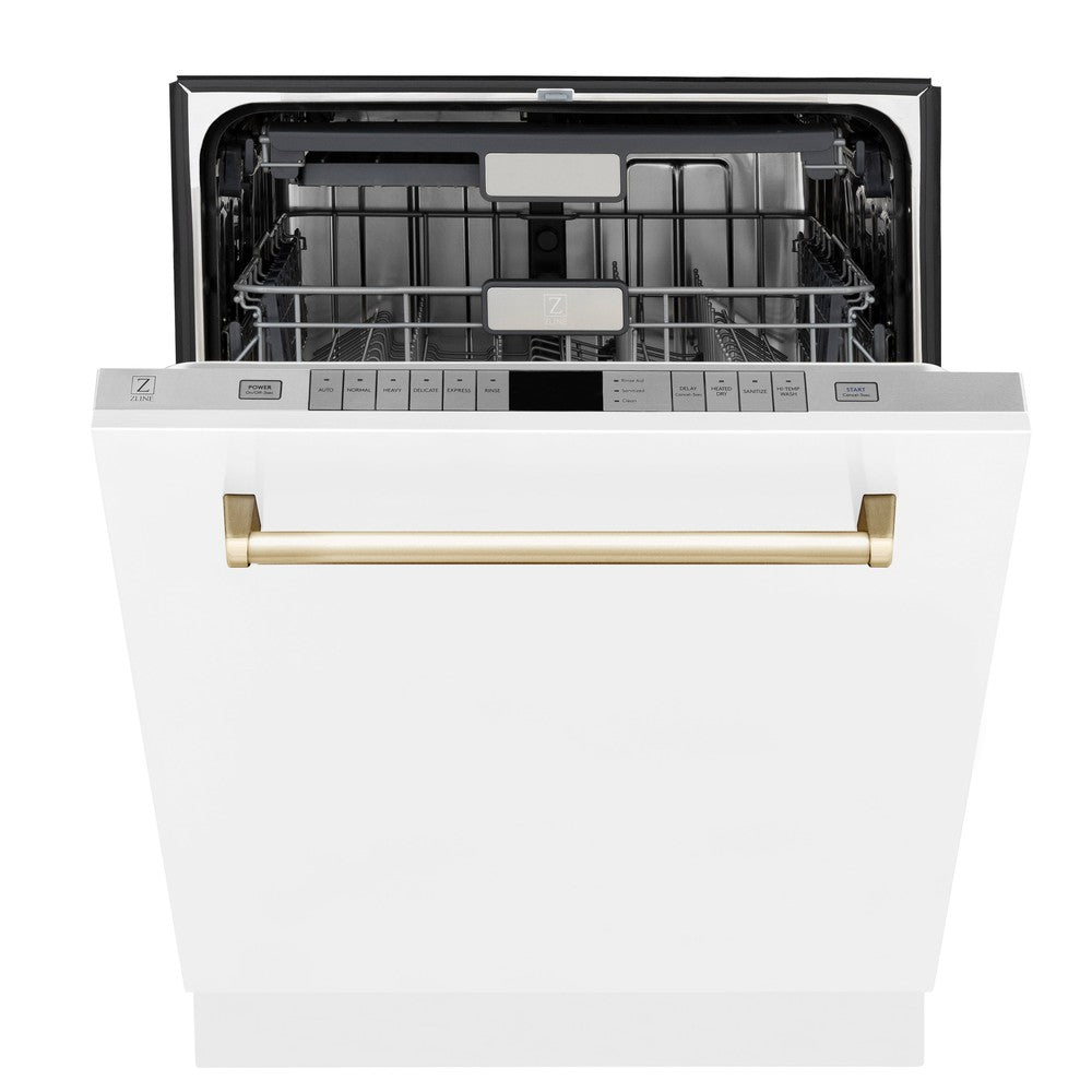 ZLINE Autograph Edition 24 in. Monument Series 3rd Rack Top Touch Control Tall Tub Dishwasher in White Matte with Polished Gold Handle, 45dBa (DWMTZ-WM-24-G) front, half open.