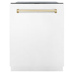 ZLINE Autograph Edition 24 in. Monument Series 3rd Rack Top Touch Control Tall Tub Dishwasher in White Matte with Polished Gold Handle, 45dBa (DWMTZ-WM-24-G) front, closed.