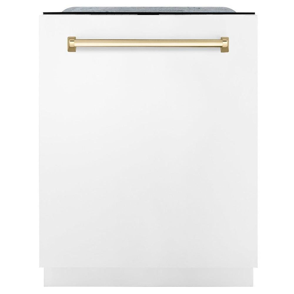 ZLINE Autograph Edition 24 in. Monument Series 3rd Rack Top Touch Control Tall Tub Dishwasher in White Matte with Polished Gold Handle, 45dBa (DWMTZ-WM-24-G) front, closed.