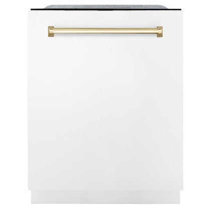 ZLINE Autograph Edition 24 in. Monument Series 3rd Rack Top Touch Control Tall Tub Dishwasher in White Matte with Polished Gold Handle, 45dBa (DWMTZ-WM-24-G) front, closed.