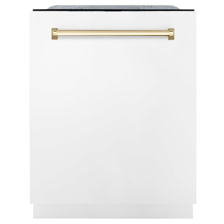 ZLINE Autograph Edition 24 in. Monument Series 3rd Rack Top Touch Control Tall Tub Dishwasher in White Matte with Polished Gold Handle, 45dBa (DWMTZ-WM-24-G)