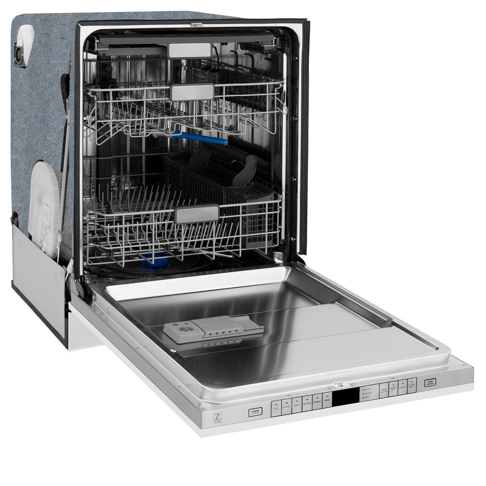 ZLINE Autograph Edition 24 in. Monument Series 3rd Rack Top Touch Control Tall Tub Dishwasher in White Matte with Polished Gold Handle, 45dBa (DWMTZ-WM-24-G) side, open.