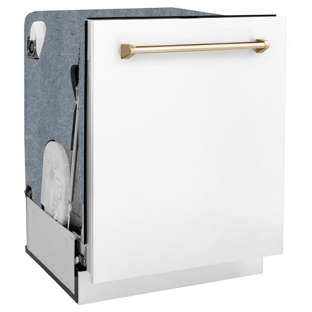 ZLINE Autograph Edition 24 in. Monument Series 3rd Rack Top Touch Control Tall Tub Dishwasher in White Matte with Polished Gold Handle, 45dBa (DWMTZ-WM-24-G) side.