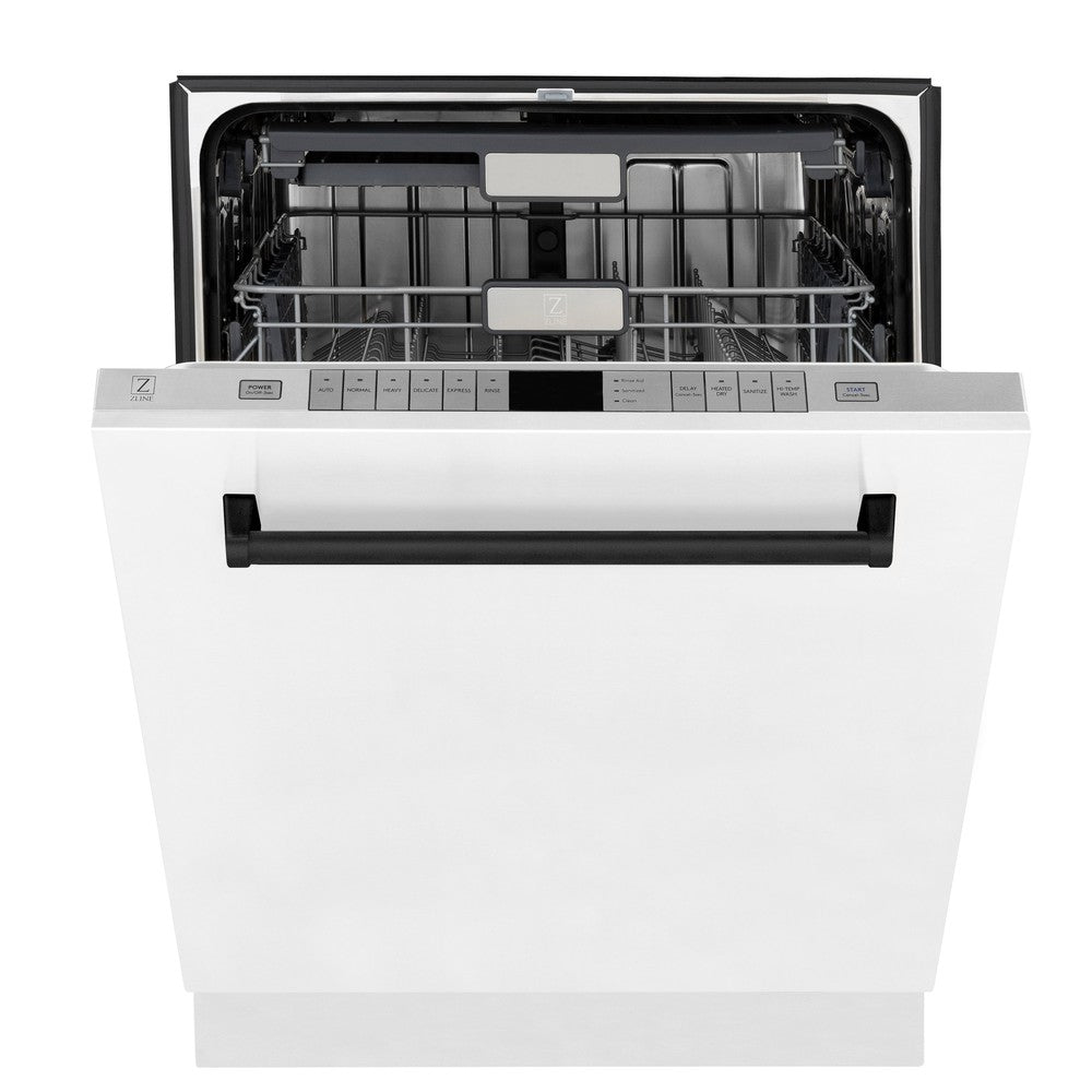 ZLINE Autograph Edition 24 in. Monument Series 3rd Rack Top Control Built-In Tall Tub Dishwasher in White Matte with Matte Black Handle, 45dBa (DWMTZ-WM-24-MB) front, half open.