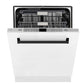 ZLINE Autograph Edition 24 in. Monument Series 3rd Rack Top Control Built-In Tall Tub Dishwasher in White Matte with Matte Black Handle, 45dBa (DWMTZ-WM-24-MB) front, half open.