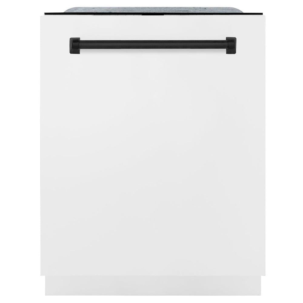 ZLINE Autograph Edition 24 in. Monument Series 3rd Rack Dishwasher with Auto Door Open Drying, 44dBa, White Matte Panel with Matte Black Handle (DWMTZ-WM-24-MB) main image.