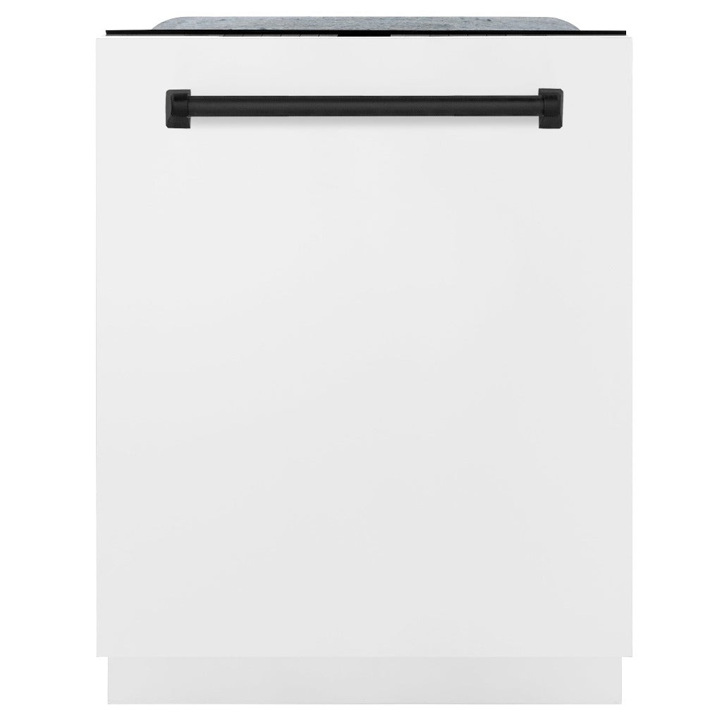 ZLINE Autograph Edition 24 in. Monument Series 3rd Rack Top Control Built-In Tall Tub Dishwasher in White Matte with Matte Black Handle, 45dBa (DWMTZ-WM-24-MB) front, closed.