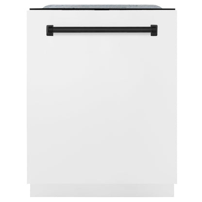 ZLINE Autograph Edition 24 in. Monument Series 3rd Rack Top Control Built-In Tall Tub Dishwasher in White Matte with Matte Black Handle, 45dBa (DWMTZ-WM-24-MB) front, closed.