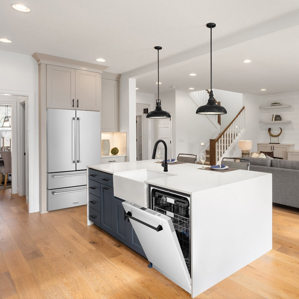 ZLINE Autograph Edition 24 in. Monument Series 3rd Rack Top Control Built-In Tall Tub Dishwasher in White Matte with Matte Black Handle, 45dBa (DWMTZ-WM-24-MB) built-in to cabinets in a luxury kitchen.