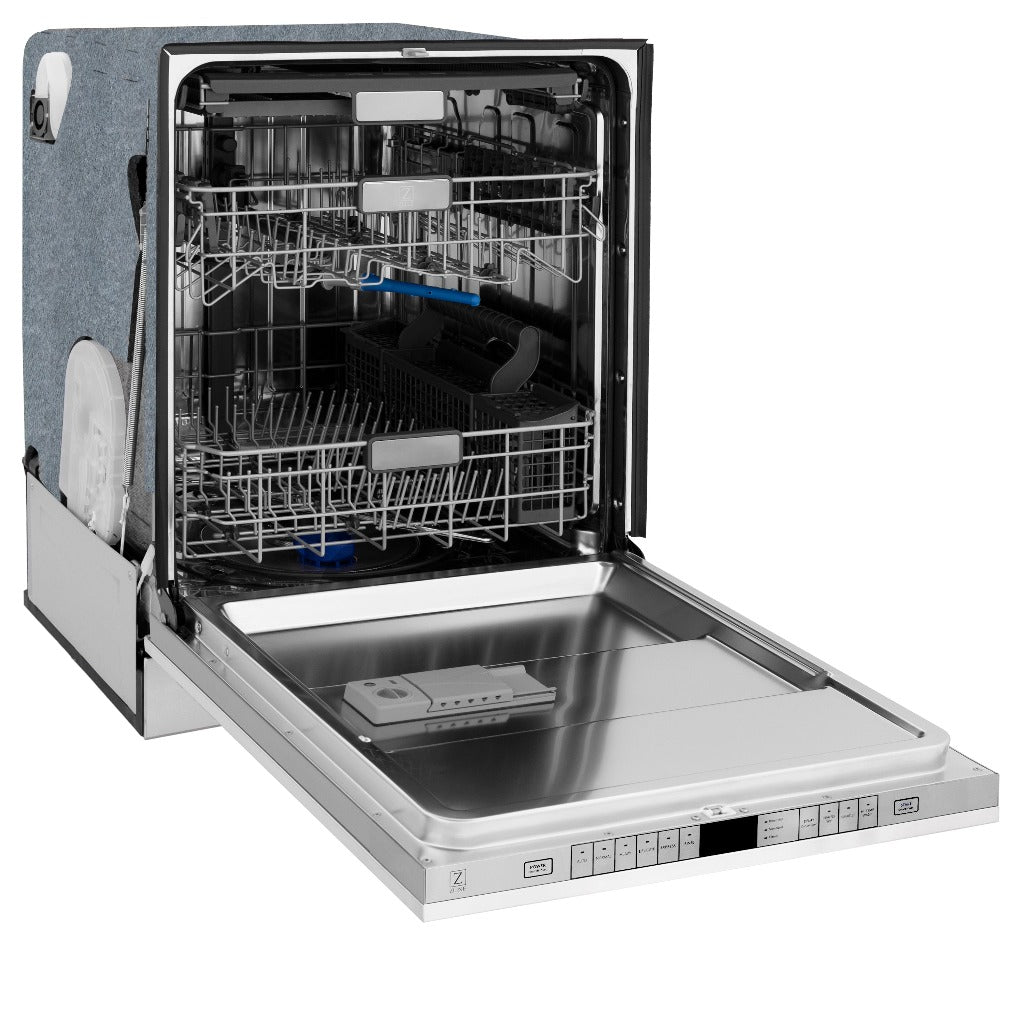 ZLINE Autograph Edition 24 in. Monument Series 3rd Rack Top Control Built-In Tall Tub Dishwasher in White Matte with Matte Black Handle, 45dBa (DWMTZ-WM-24-MB) side, open.
