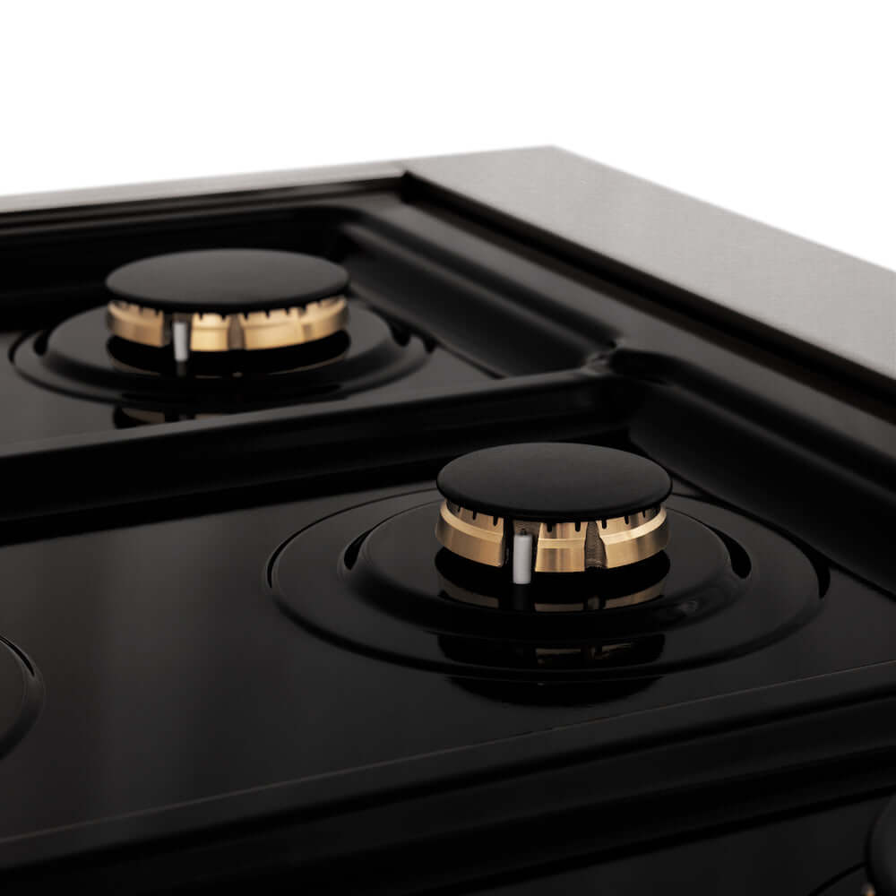 ZLINE Autograph Edition 36 in. 4.6 cu. ft. Dual Fuel Range with Gas Stove and Electric Oven in Fingerprint Resistant Stainless Steel with Champagne Bronze Accents (RASZ-SN-36-CB) gas burners on black porcelain cooktop close-up.
