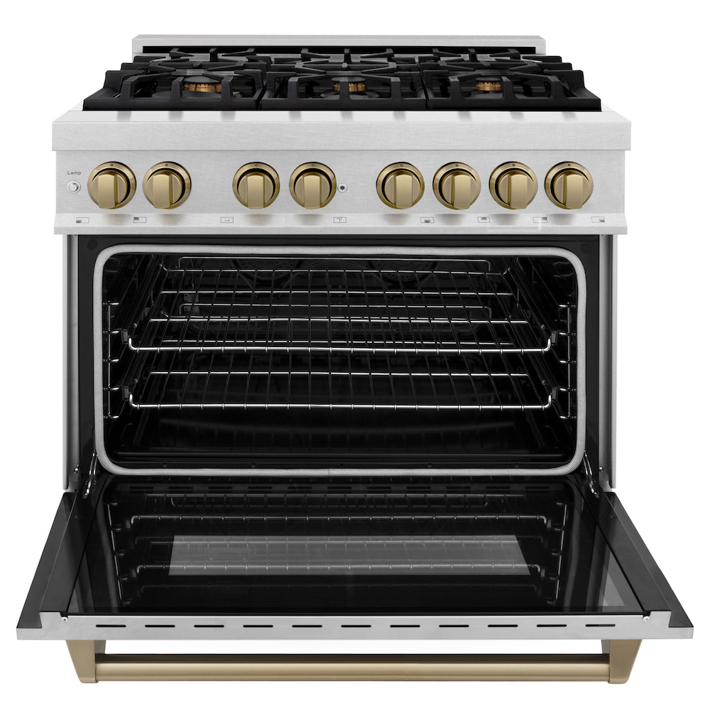 ZLINE Autograph Edition 36 in. 4.6 cu. ft. Dual Fuel Range with Gas Stove and Electric Oven in Fingerprint Resistant Stainless Steel with Champagne Bronze Accents (RASZ-SN-36-CB) front, oven open.