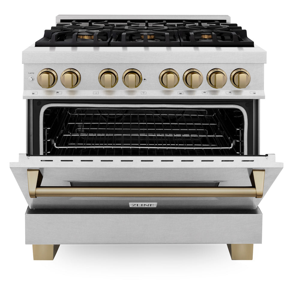 ZLINE Autograph Edition 36 in. 4.6 cu. ft. Dual Fuel Range with Gas Stove and Electric Oven in Fingerprint Resistant Stainless Steel with Champagne Bronze Accents (RASZ-SN-36-CB) front, oven half open.