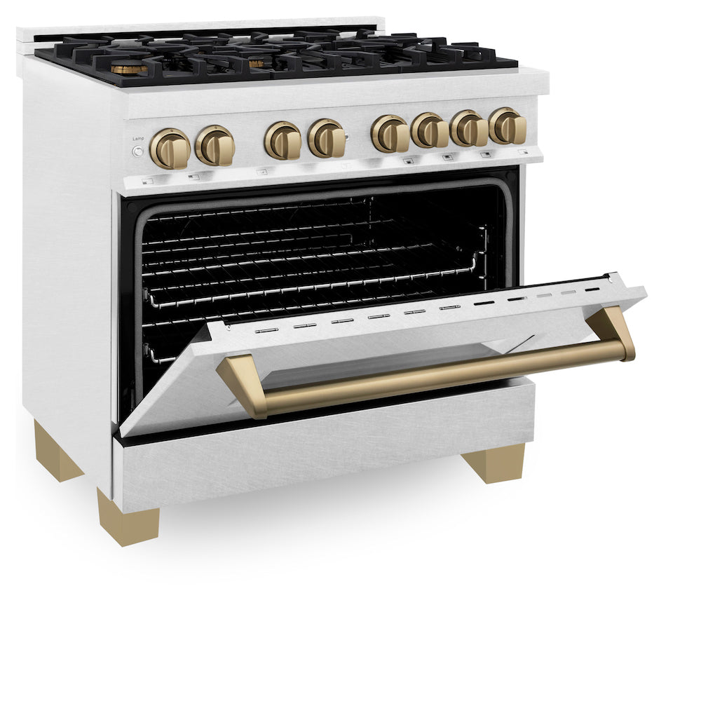ZLINE Autograph Edition 36 in. 4.6 cu. ft. Dual Fuel Range with Gas Stove and Electric Oven in Fingerprint Resistant Stainless Steel with Champagne Bronze Accents (RASZ-SN-36-CB)