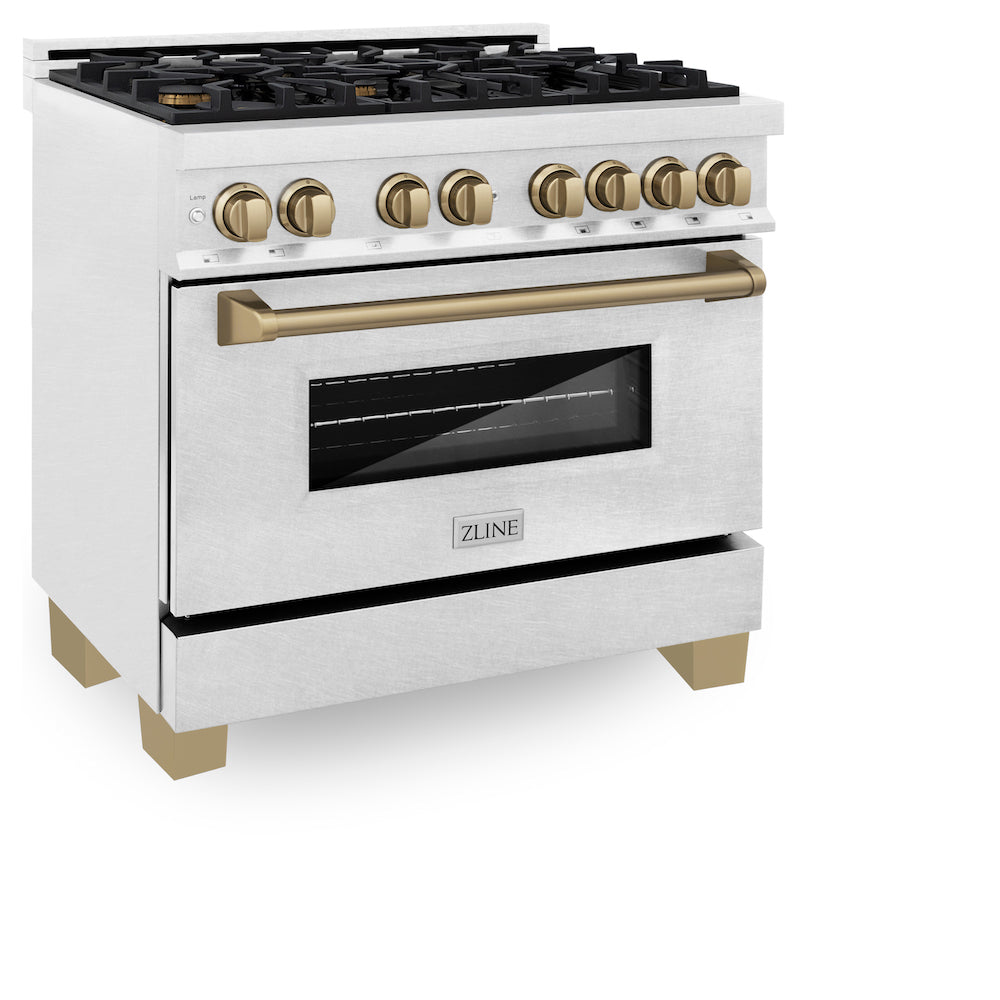 ZLINE Autograph Edition 36 in. 4.6 cu. ft. Dual Fuel Range with Gas Stove and Electric Oven in Fingerprint Resistant Stainless Steel with Champagne Bronze Accents (RASZ-SN-36-CB) side, oven closed.