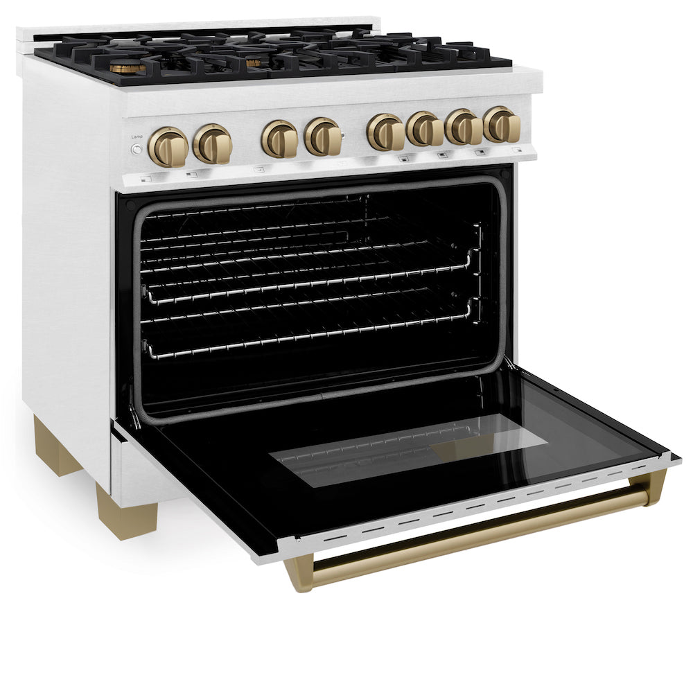 ZLINE Autograph Edition 36 in. 4.6 cu. ft. Dual Fuel Range with Gas Stove and Electric Oven in Fingerprint Resistant Stainless Steel with Champagne Bronze Accents (RASZ-SN-36-CB) side, oven open.
