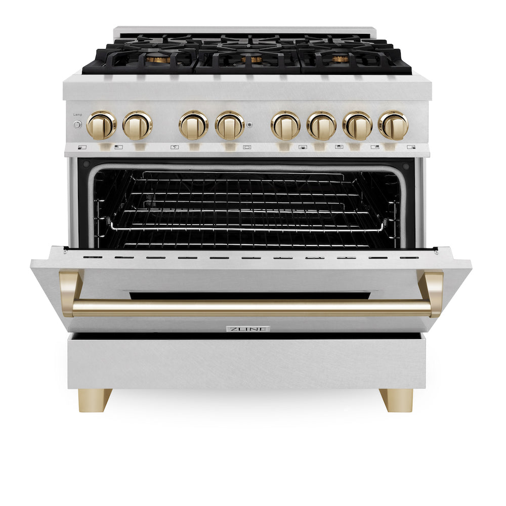 ZLINE Autograph Edition 36 in. 4.6 cu. ft. Dual Fuel Range with Gas Stove and Electric Oven in Fingerprint Resistant Stainless Steel with Polished Gold Accents (RASZ-SN-36-G) front, oven half open.