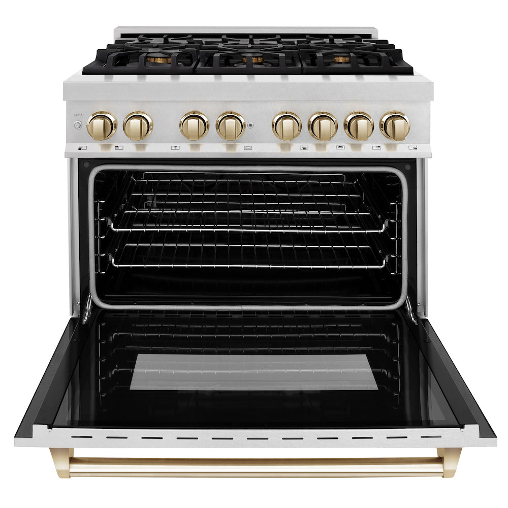 ZLINE Autograph Edition 36 in. 4.6 cu. ft. Dual Fuel Range with Gas Stove and Electric Oven in Fingerprint Resistant Stainless Steel with Polished Gold Accents (RASZ-SN-36-G) front, oven open.