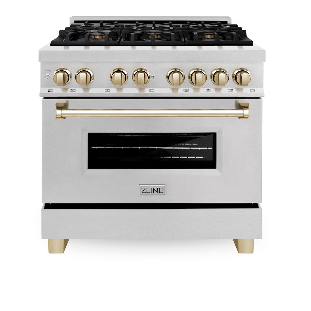 ZLINE Autograph Edition 36 in. 4.6 cu. ft. Dual Fuel Range with Gas Stove and Electric Oven in Fingerprint Resistant Stainless Steel with Polished Gold Accents (RASZ-SN-36-G) front, oven closed.