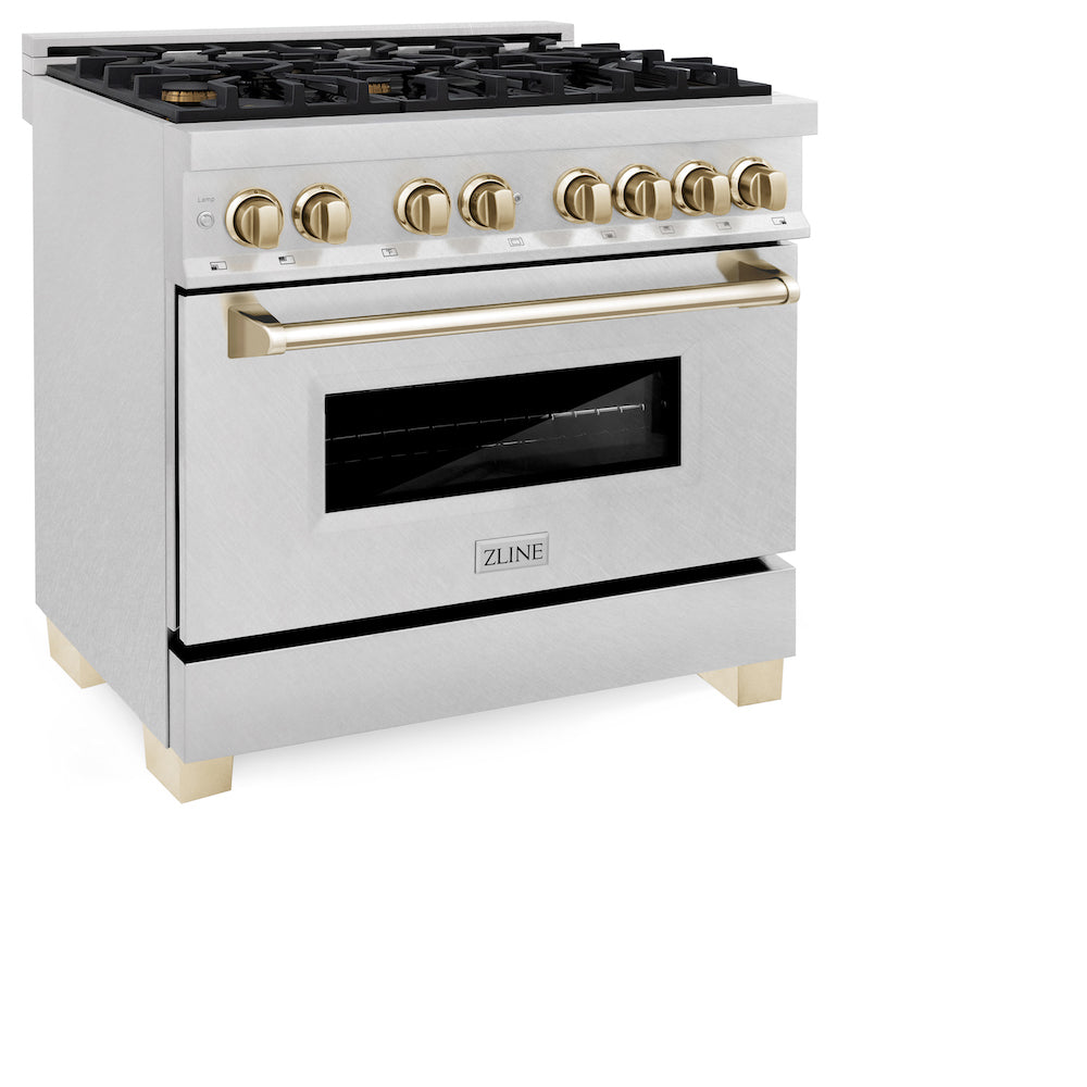 ZLINE Autograph Edition 36 in. 4.6 cu. ft. Dual Fuel Range with Gas Stove and Electric Oven in Fingerprint Resistant Stainless Steel with Polished Gold Accents (RASZ-SN-36-G) side, oven closed.