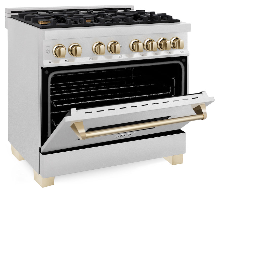 ZLINE Autograph Edition 36 in. 4.6 cu. ft. Dual Fuel Range with Gas Stove and Electric Oven in Fingerprint Resistant Stainless Steel with Polished Gold Accents (RASZ-SN-36-G) side, oven half open.