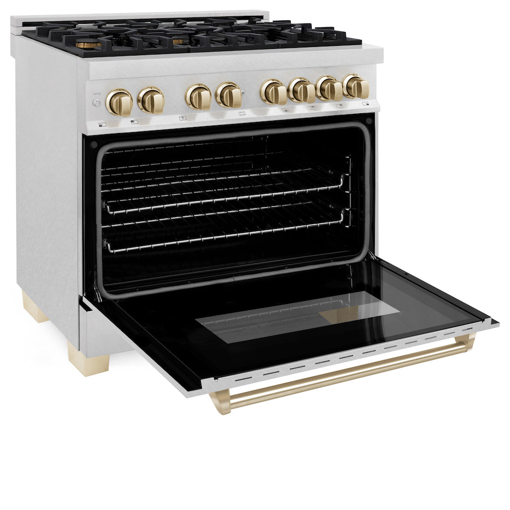 ZLINE Autograph Edition 36 in. 4.6 cu. ft. Dual Fuel Range with Gas Stove and Electric Oven in Fingerprint Resistant Stainless Steel with Polished Gold Accents (RASZ-SN-36-G) side, oven open.