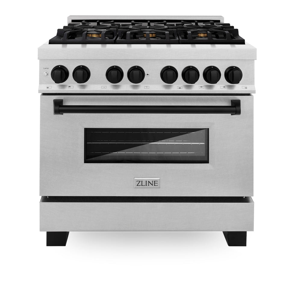 ZLINE Autograph Edition 36 in. 4.6 cu. ft. Dual Fuel Range with Gas Stove and Electric Oven in Fingerprint Resistant Stainless Steel with Matte Black Accents (RASZ-SN-36-MB) front, oven closed.