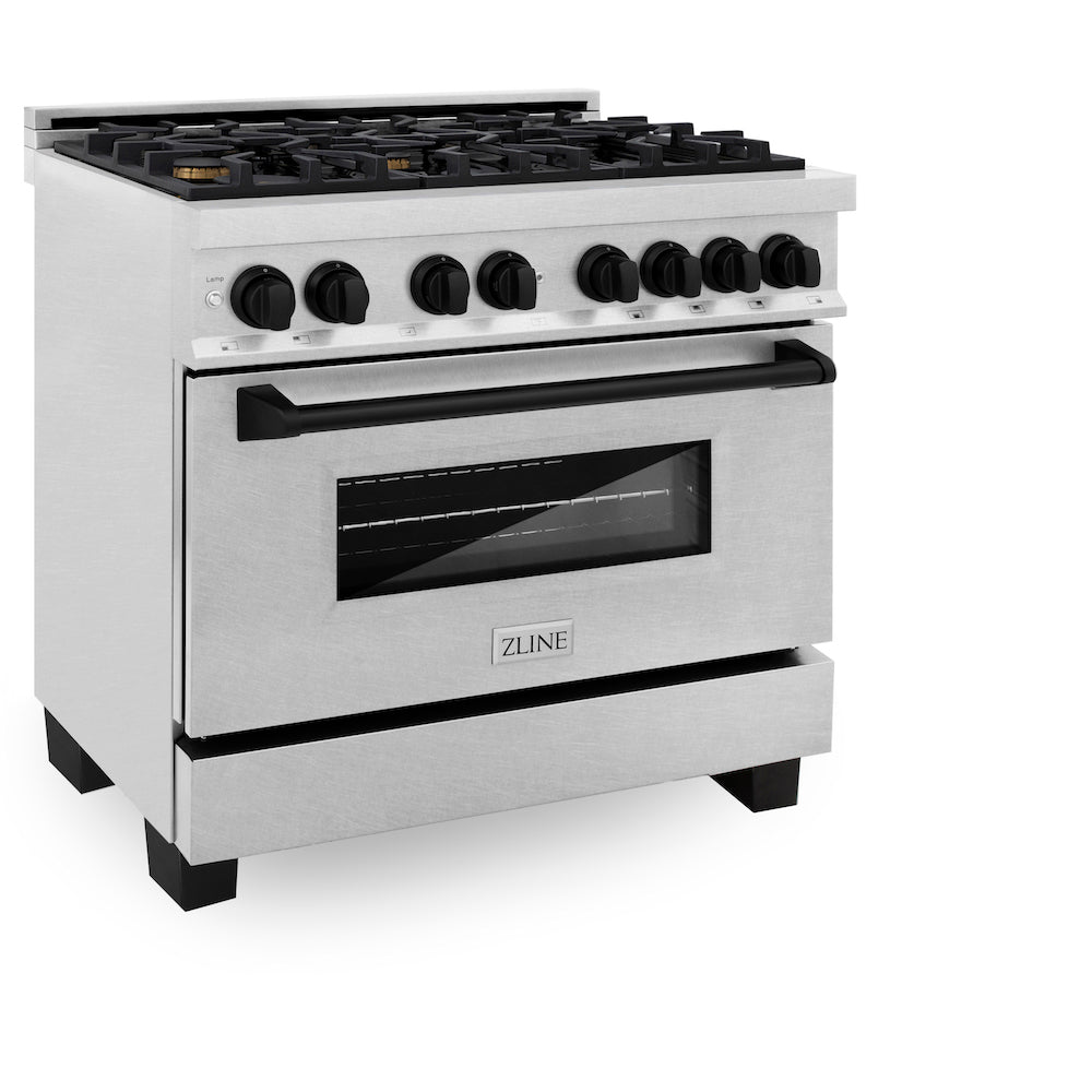 ZLINE Autograph Edition 36 in. 4.6 cu. ft. Dual Fuel Range with Gas Stove and Electric Oven in Fingerprint Resistant Stainless Steel with Matte Black Accents (RASZ-SN-36-MB)