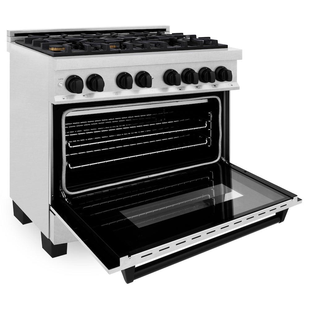 ZLINE Autograph Edition 36 in. 4.6 cu. ft. Dual Fuel Range with Gas Stove and Electric Oven in Fingerprint Resistant Stainless Steel with Matte Black Accents (RASZ-SN-36-MB) side, oven open.