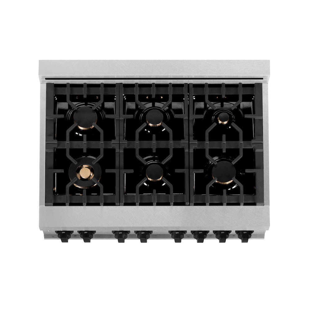 ZLINE Autograph Edition 36 in. 4.6 cu. ft. Dual Fuel Range with Gas Stove and Electric Oven in Fingerprint Resistant Stainless Steel with Matte Black Accents (RASZ-SN-36-MB) from above showing cooktop.