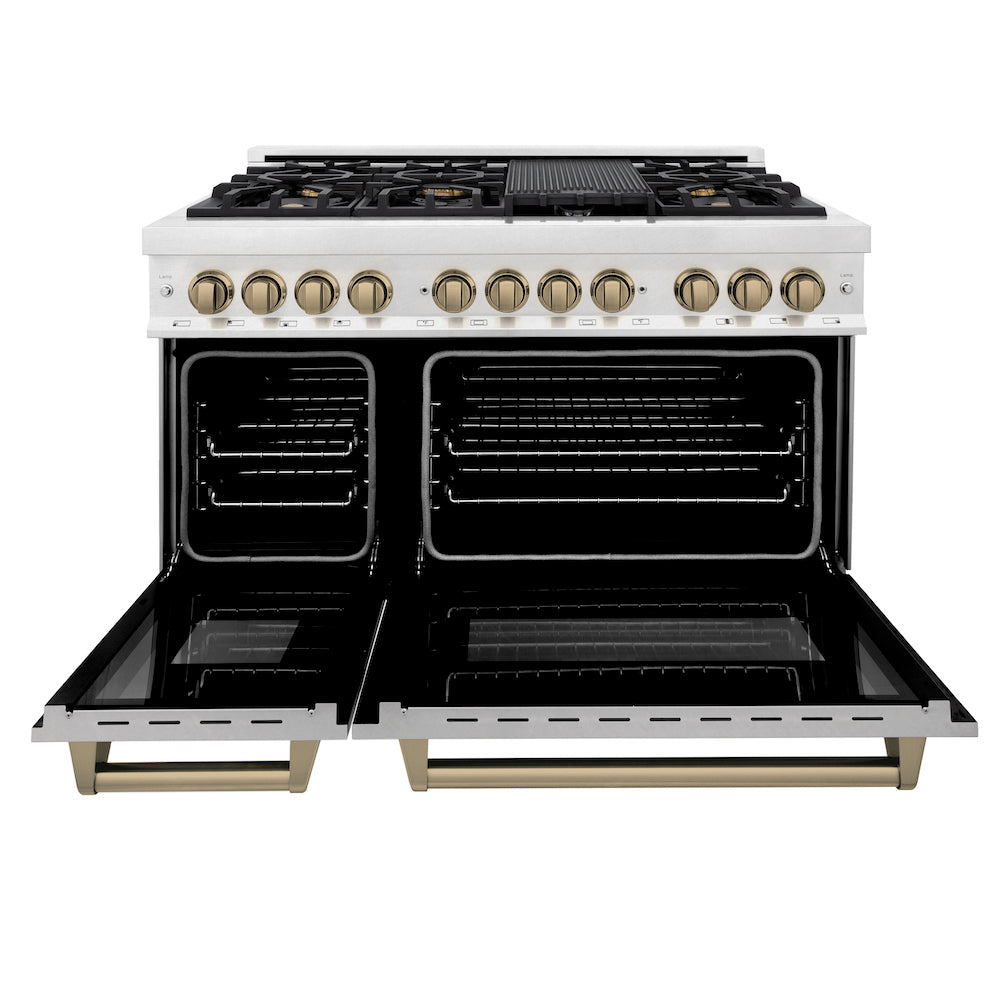 ZLINE Autograph Edition 48 in. 6.0 cu. ft. Dual Fuel Range with Gas Stove and Electric Oven in Fingerprint Resistant Stainless Steel with Champagne Bronze Accents (RASZ-SN-48-CB) front, oven open.