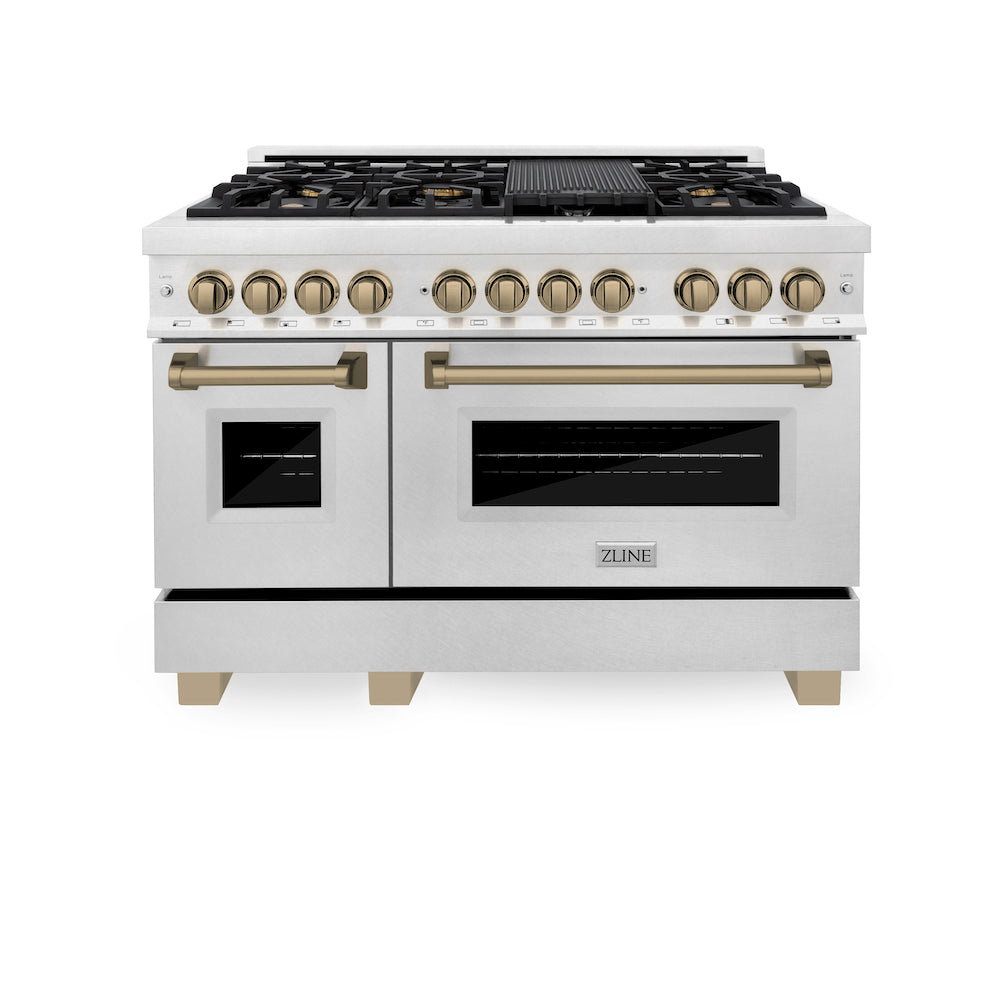 ZLINE Autograph Edition 48 in. 6.0 cu. ft. Dual Fuel Range with Gas Stove and Electric Oven in Fingerprint Resistant Stainless Steel with Champagne Bronze Accents (RASZ-SN-48-CB) front, oven closed.
