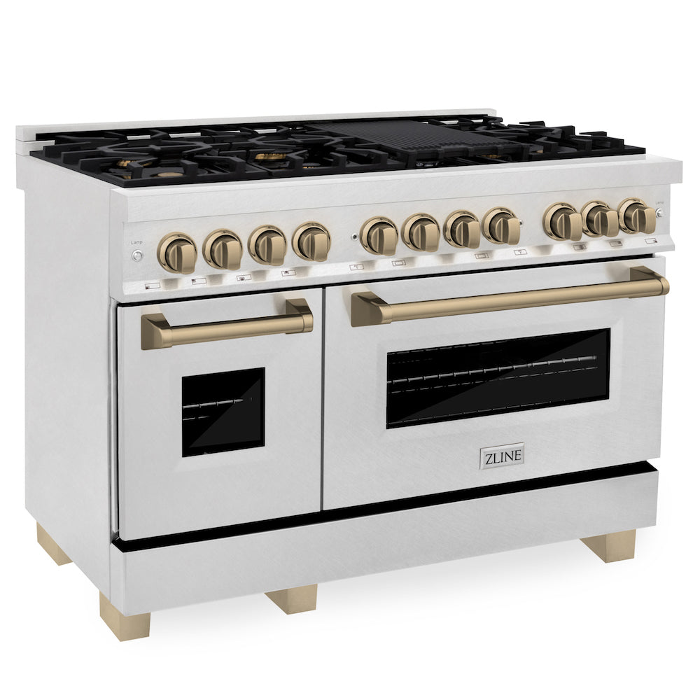ZLINE Autograph Edition 48 in. 6.0 cu. ft. Dual Fuel Range with Gas Stove and Electric Oven in Fingerprint Resistant Stainless Steel with Champagne Bronze Accents (RASZ-SN-48-CB) side, oven closed.