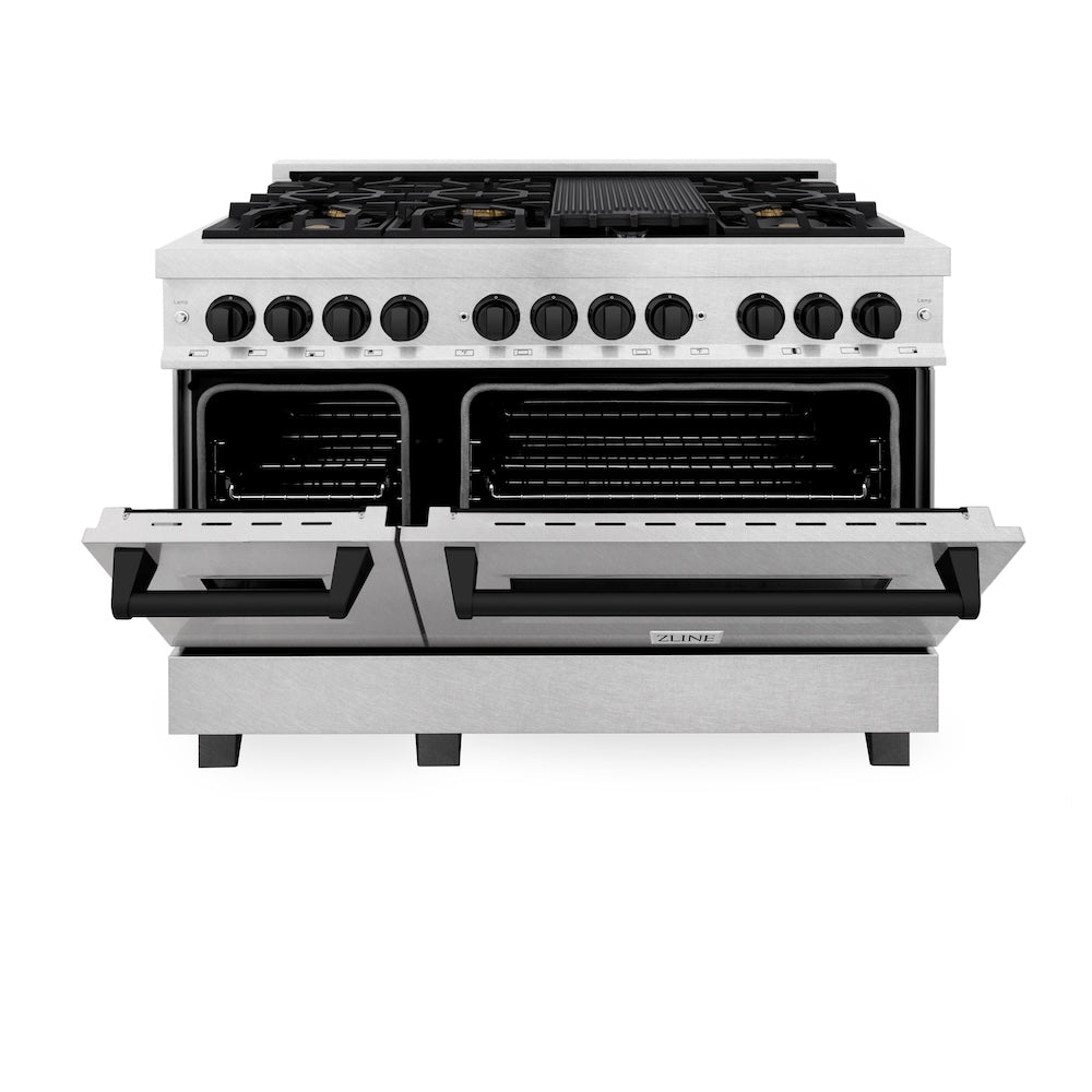 ZLINE Autograph Edition 48 in. 6.0 cu. ft. Dual Fuel Range with Gas Stove and Electric Oven in Fingerprint Resistant Stainless Steel with Matte Black Accents (RASZ-SN-48-MB)
