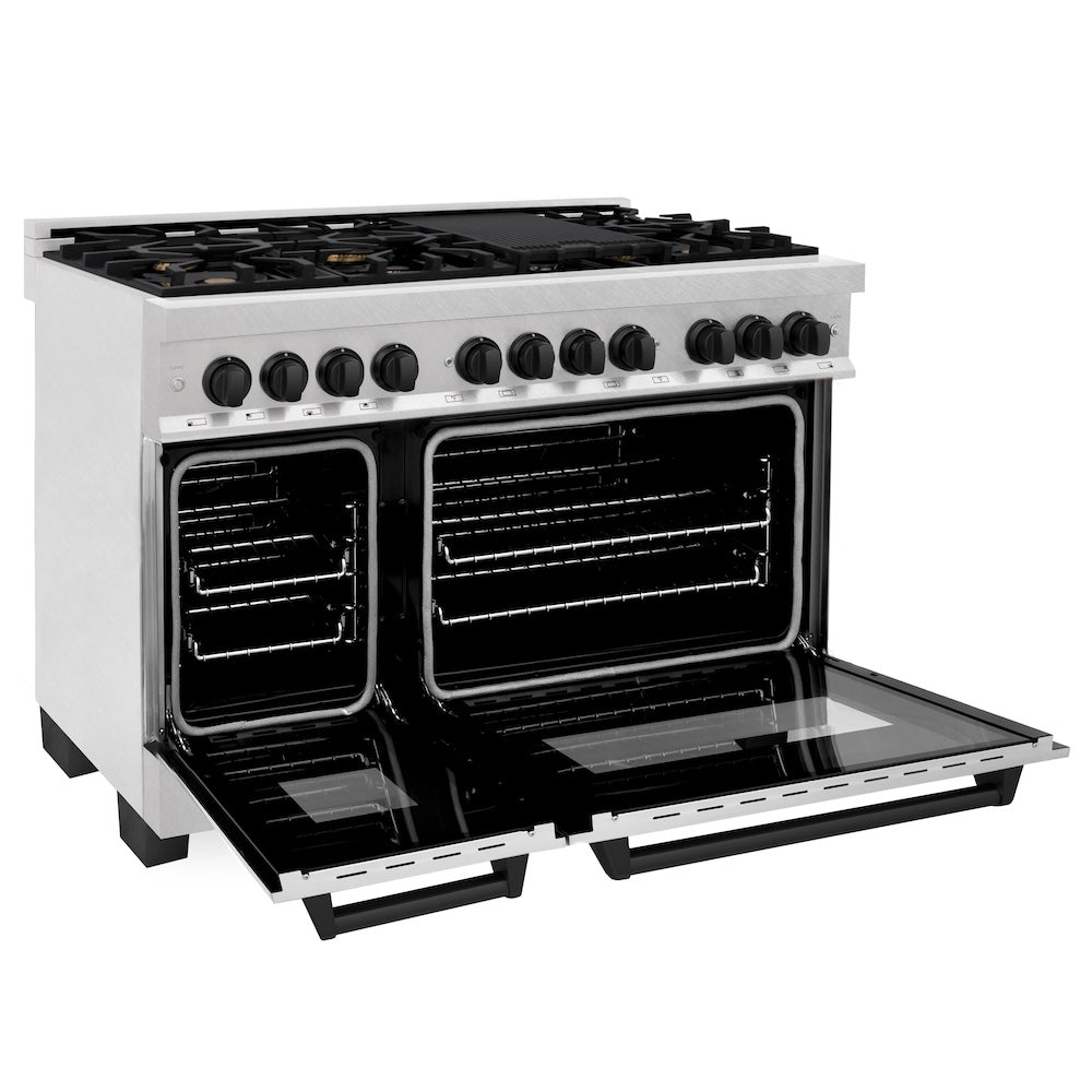 ZLINE Autograph Edition 48 in. 6.0 cu. ft. Dual Fuel Range with Gas Stove and Electric Oven in Fingerprint Resistant Stainless Steel with Matte Black Accents (RASZ-SN-48-MB)